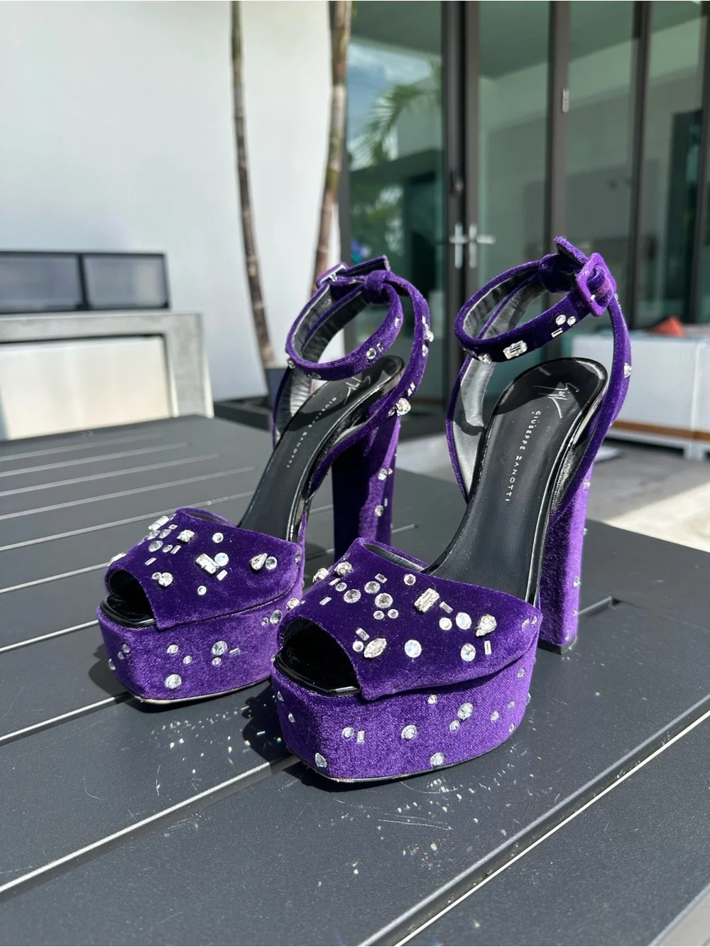 Giuseppe Zanotti Purple Velvet Crystal Dazzling Betty Platform Sandals 39